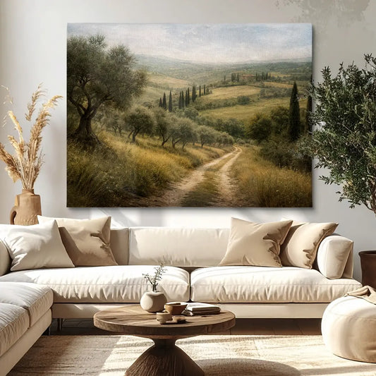 Mediterrane Landschafts-Leinwand mit Feldweg als ruhige Wanddekoration in einem stilvollen Wohnzimmer