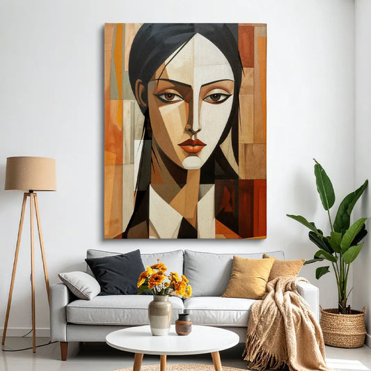 Moderne Porträt-Leinwand im kubistischen Stil als stilvoller Blickfang über einem Sofa im Wohnzimmer