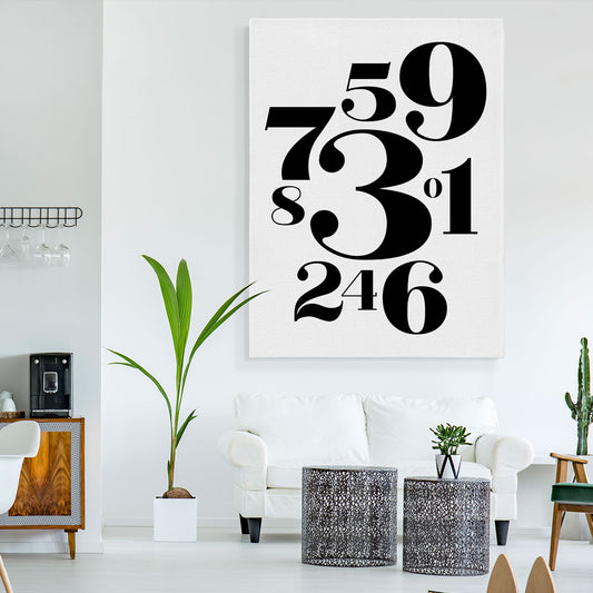Typografie Zahlen Leinwand als stilvolle Wanddekoration im modernen Wohnzimmer