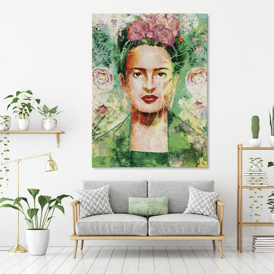 Modernes Porträt-Wandbild mit Blumen als stilvolle Wanddekoration im Wohnzimmer