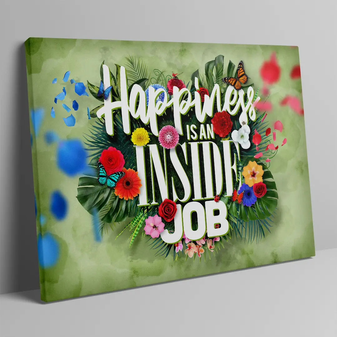 Seitenansicht einer farbenfrohen Motivations-Leinwand mit Blumenmotiv