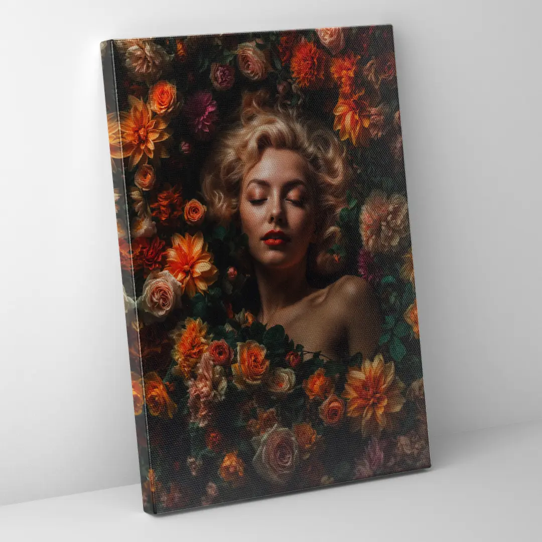 Seitenansicht eines floralen Leinwandbildes mit romantischer Farbgestaltung