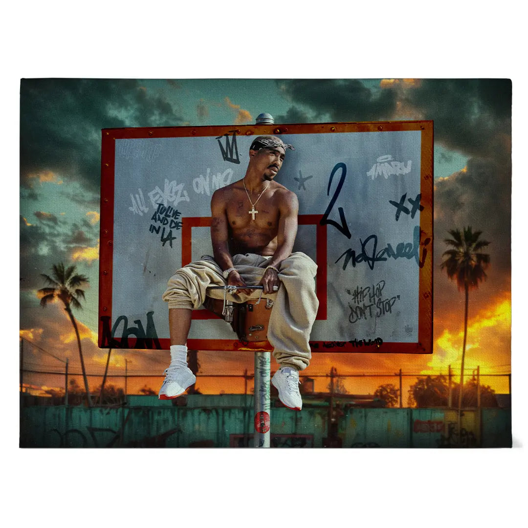 Urbanes Hip-Hop Wandbild mit Rapper auf Basketballkorb bei Sonnenuntergang