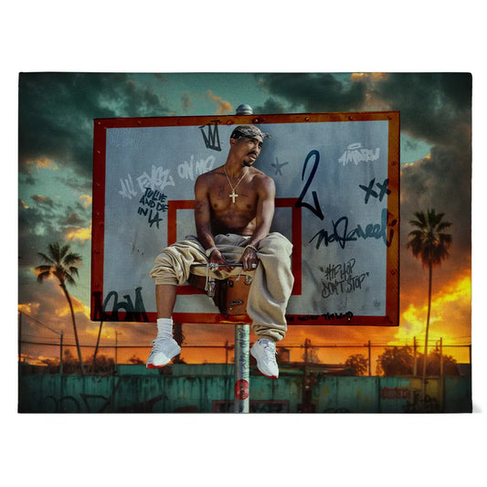 Urbanes Hip-Hop Wandbild mit Rapper auf Basketballkorb bei Sonnenuntergang