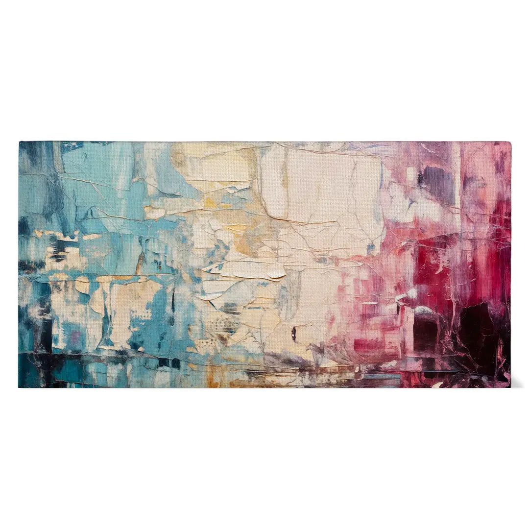 Abstrakte Panorama-Leinwand mit vielschichtigen Farbflächen in Blau-, Creme- und Rottönen, moderne Wandkunst auf Canvas
