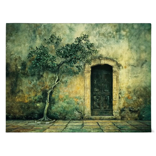Leinwand mit alter Tür, verwitterter Wand und kleinem Baum in ruhiger, mediterraner Atmosphäre, hochwertige Wandkunst auf Canvas