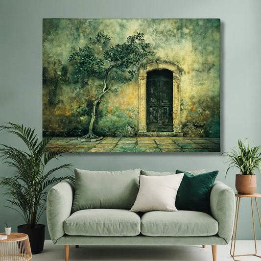 Leinwand mit poetischem Architektur- und Naturmotiv als ruhige Wanddekoration in einem stilvollen Wohnzimmer