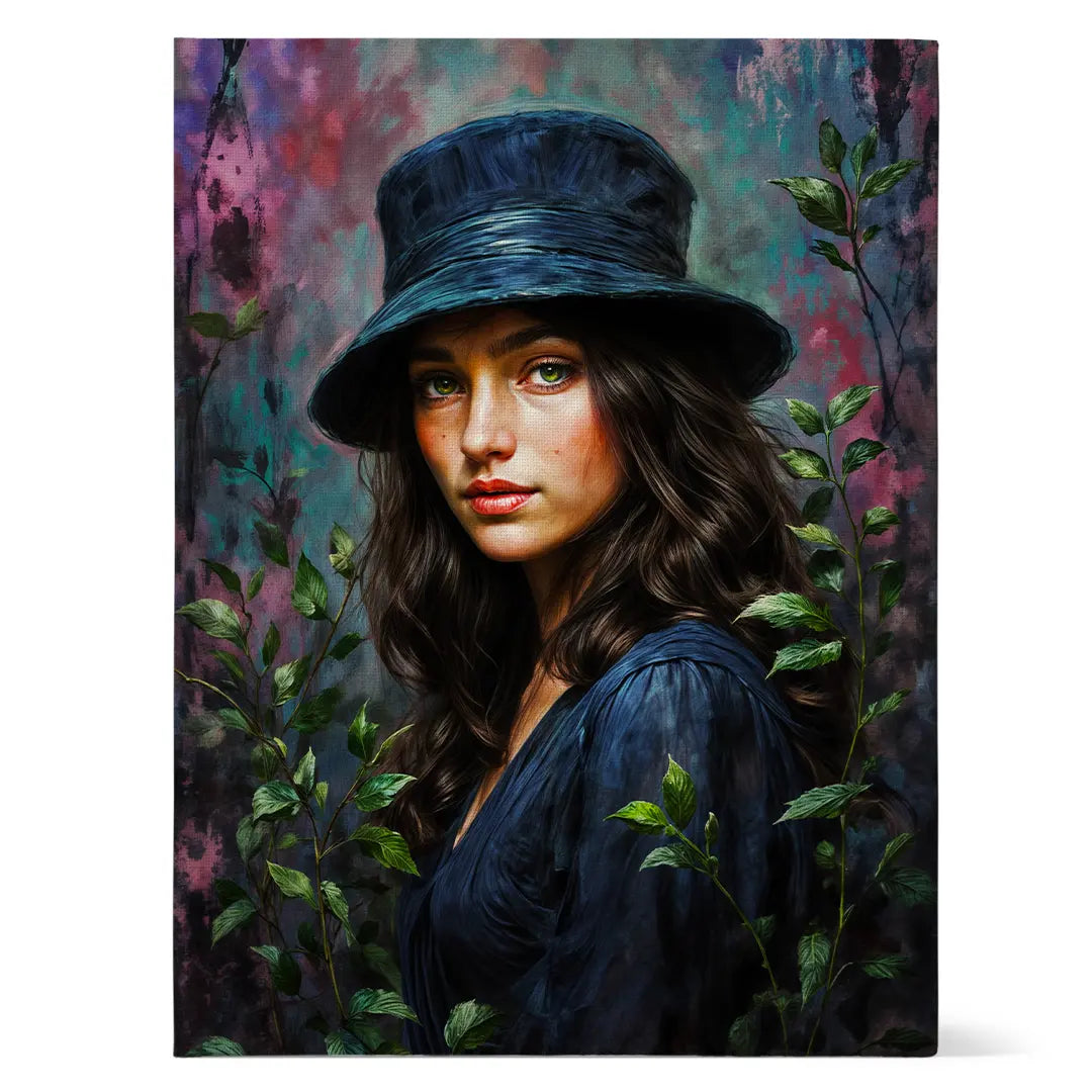 Künstlerische Porträt-Leinwand mit ausdrucksstarker Frau, intensiven Farben und floralen Elementen, moderne Wandkunst auf Canvas