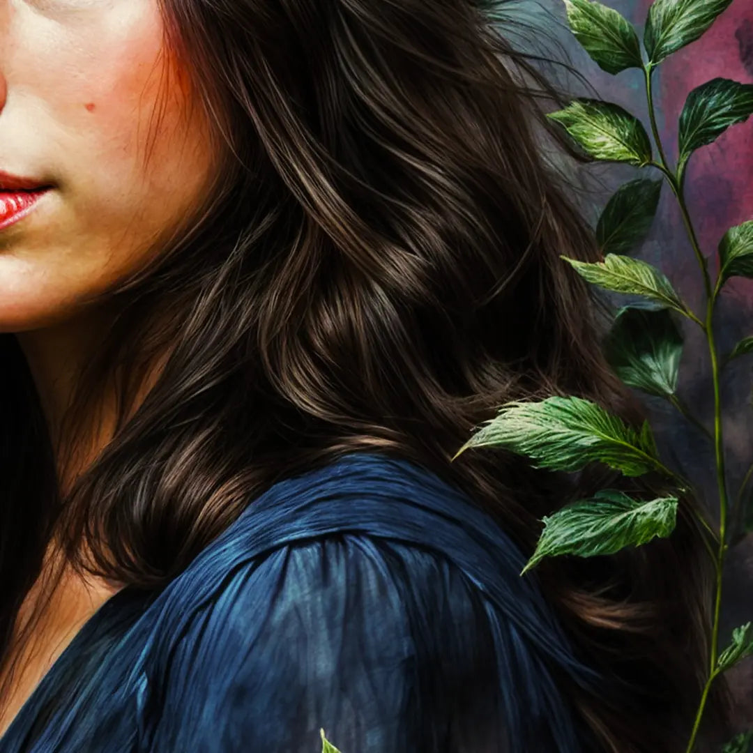 Zoom-Detail eines Canvas-Drucks mit feiner Leinwandstruktur, intensiven Farben und detailreicher Porträtmalerei