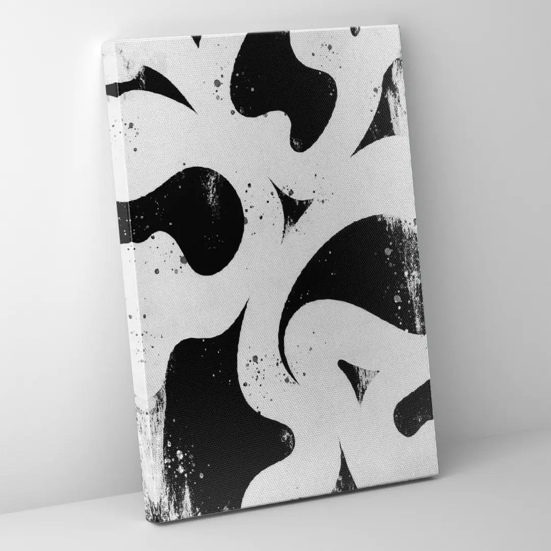 Seitliche Ansicht einer abstrakten Schwarz-Weiß Leinwand auf hochwertigem Canvas mit stabiler Rahmenkante