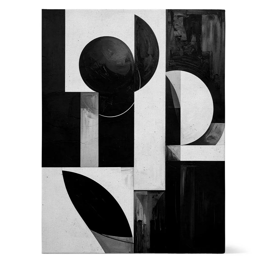 Geometrische abstrakte Schwarz-Weiß Leinwand mit klaren Formen und starken Kontrasten, moderne Wandkunst auf Canvas