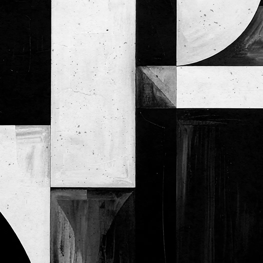 Zoom-Detail eines geometrischen Schwarz-Weiß Canvas-Drucks mit feiner Leinwandstruktur und präzisen Kanten