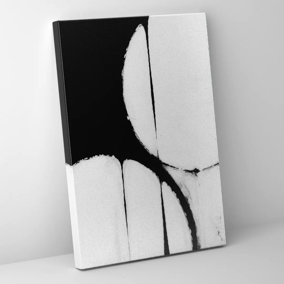 Seitliche Ansicht einer abstrakten Schwarz-Weiß Leinwand auf hochwertigem Canvas mit stabiler Rahmenkante