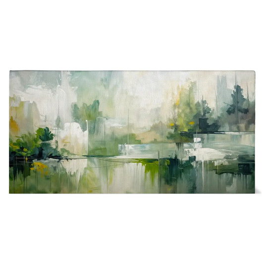 Abstrakte Panorama-Leinwand in sanften Grün- und Naturtönen mit fließenden Formen, moderne Wandkunst auf Canvas