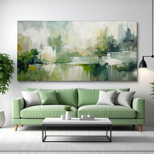 Abstrakte Panorama-Leinwand in Naturtönen als ruhige, moderne Wanddekoration in einem stilvollen Wohnzimmer