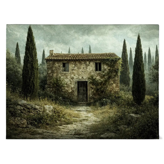 Leinwand mit mediterranem Steinhaus, Zypressen und ruhiger Naturstimmung, hochwertige Wandkunst auf Canvas
