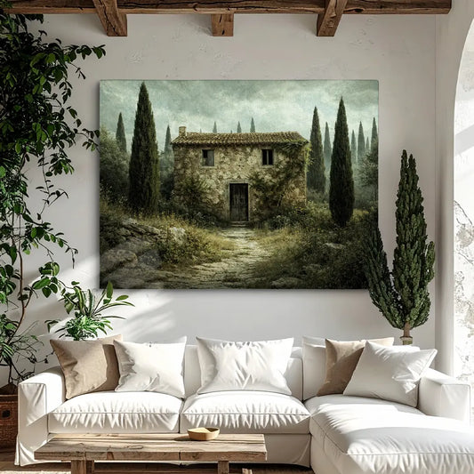 Leinwand mit mediterranem Landhausmotiv als ruhige Wanddekoration in einem stilvollen Wohnzimmer