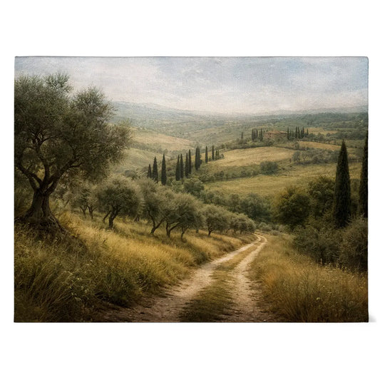 Leinwand mit toskanischer Hügellandschaft, Feldweg, Olivenbäumen und Zypressen in ruhiger, warmer Naturstimmung
