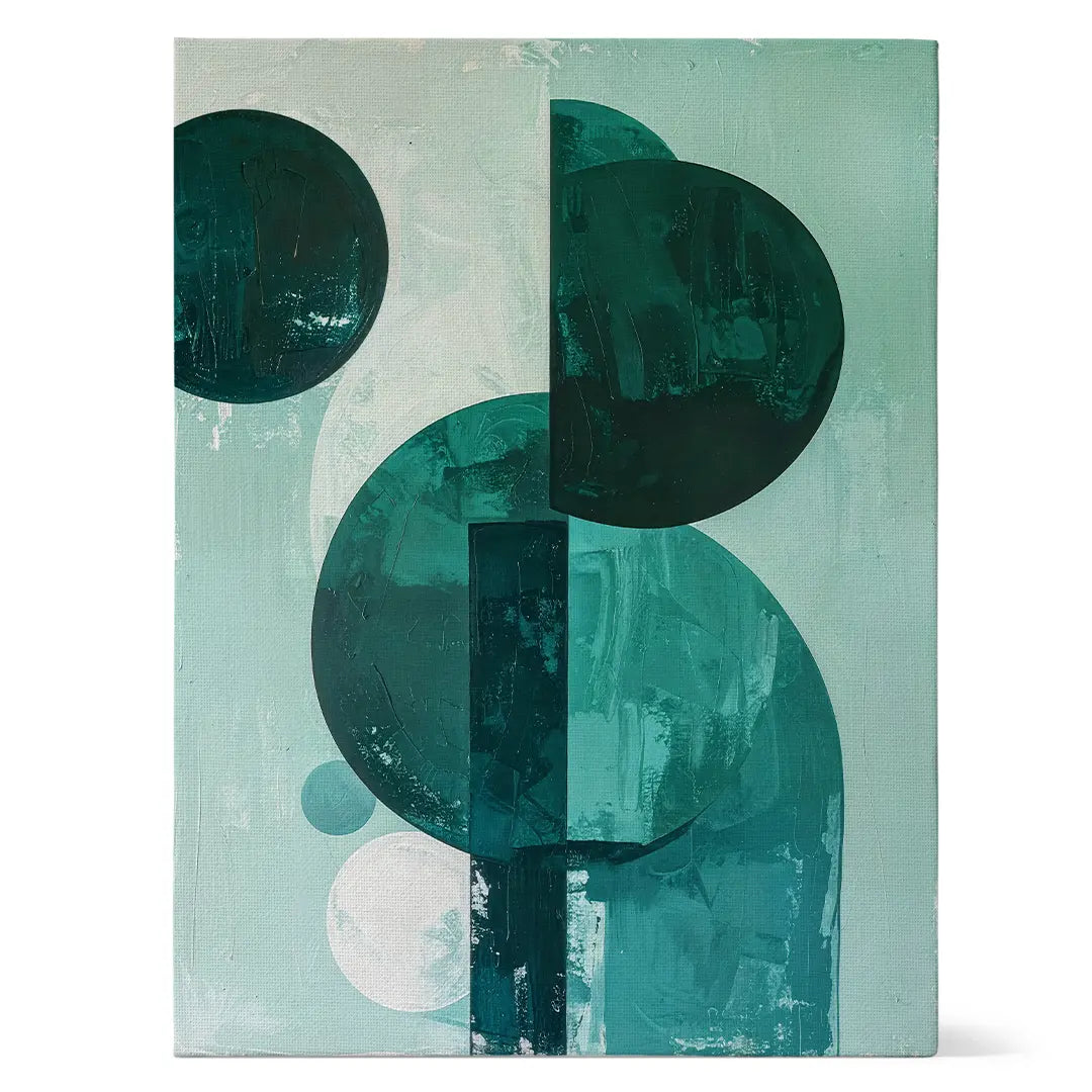 Abstraktes Wandbild mit geometrischen Formen in Grün- und Türkistönen
