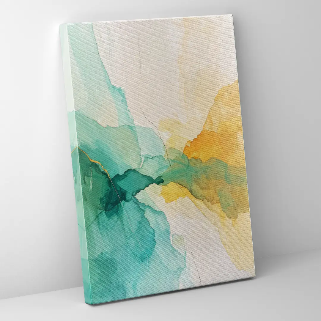 Seitenansicht einer abstrakten Aquarell-Leinwand mit sichtbarer Struktur