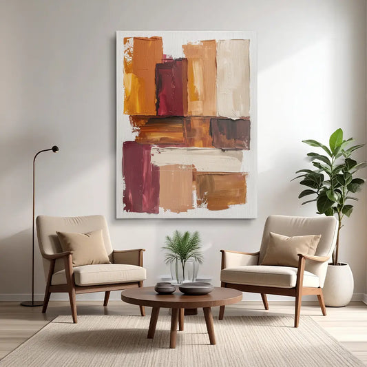 Modernes abstraktes Leinwandbild mit warmen Erdtönen im Wohnzimmer