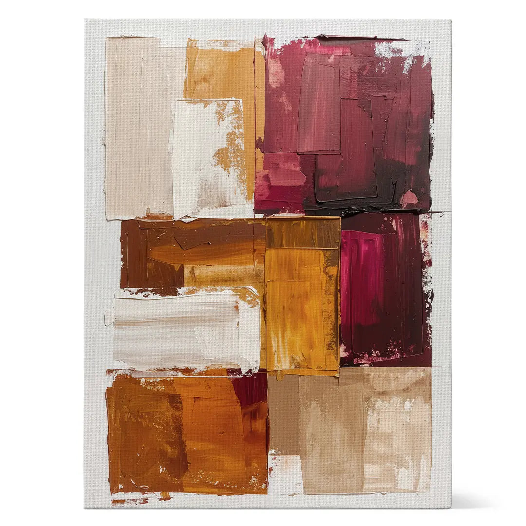 Abstraktes Wandbild mit Terrakotta, Beige und Bordeaux Farbfeldern