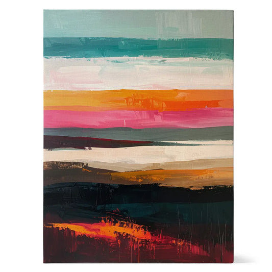 Abstraktes Wandbild mit farbigen horizontalen Streifen in Pink, Türkis und Orange