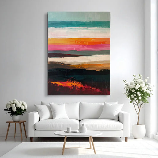 Modernes abstraktes Leinwandbild mit bunten Farbflächen im Wohnzimmer