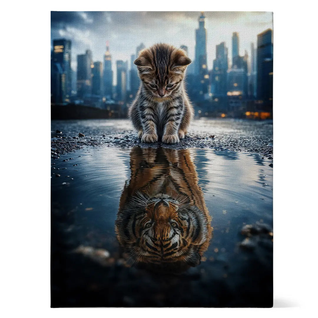 Kätzchen mit Tiger Spiegelung im Wasser vor moderner Skyline als Motivationsbild