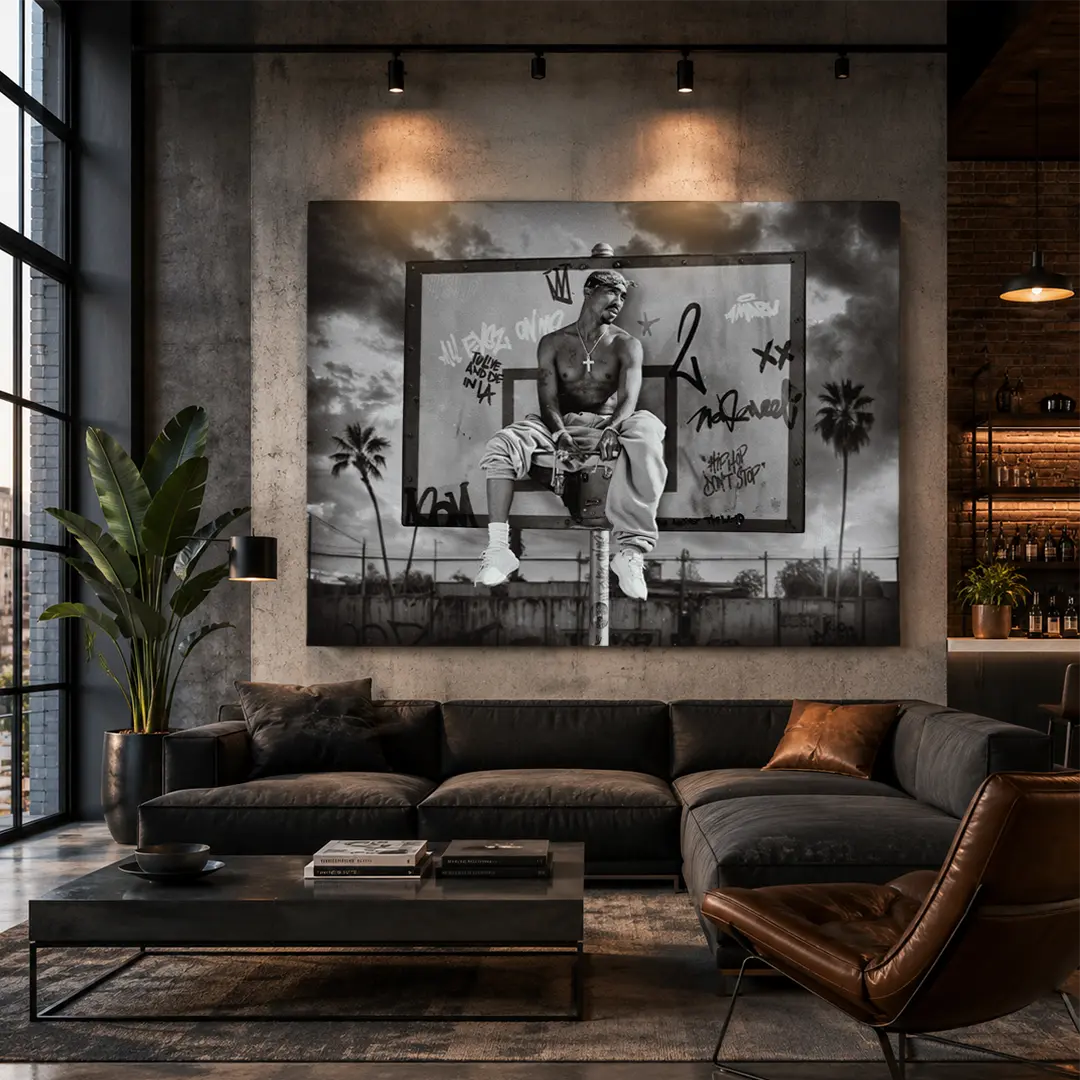 Urban Streetart Leinwand als moderne Wanddekoration über einem Sofa im Wohnzimmer